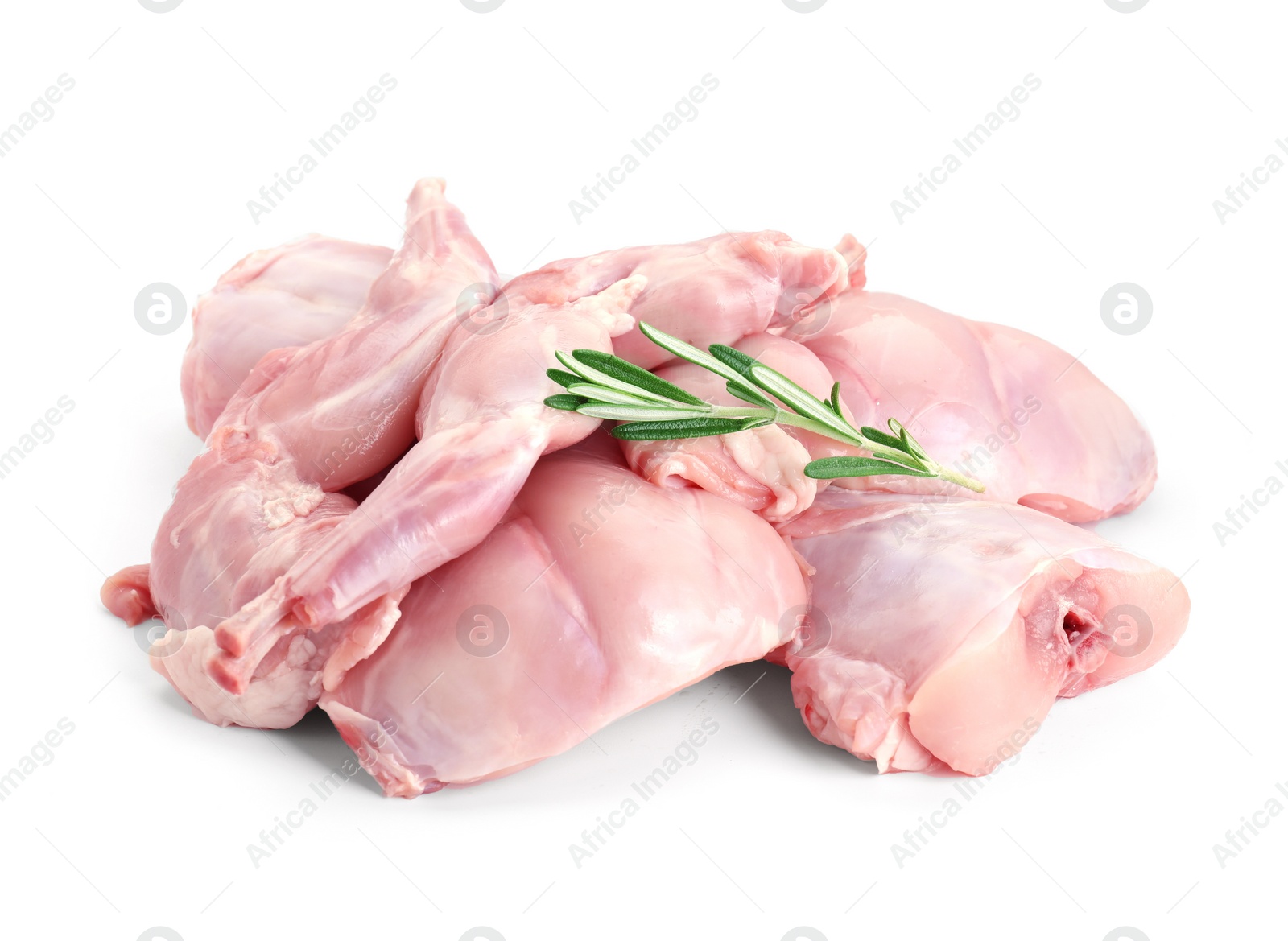 Photo of Fresh raw rabbit meat and rosemary isolated on white