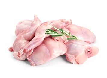 Fresh raw rabbit meat and rosemary isolated on white