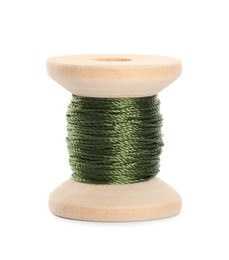 Wooden spool of olive green sewing thread isolated on white