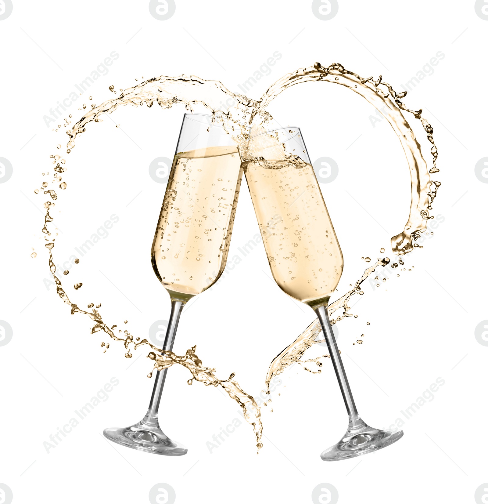 Image of Glasses with sparkling wine and splashes on white background