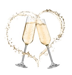 Glasses with sparkling wine and splashes on white background