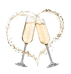 Image of Glasses with sparkling wine and splashes on white background