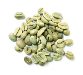 Photo of Pile of green coffee beans on white background, top view