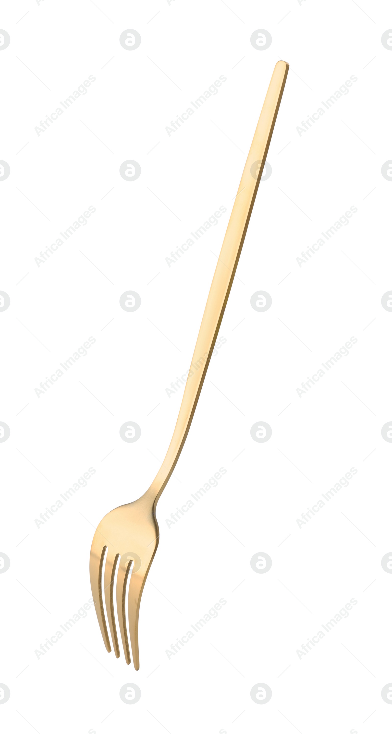 Photo of One shiny golden fork isolated on white