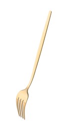 Photo of One shiny golden fork isolated on white