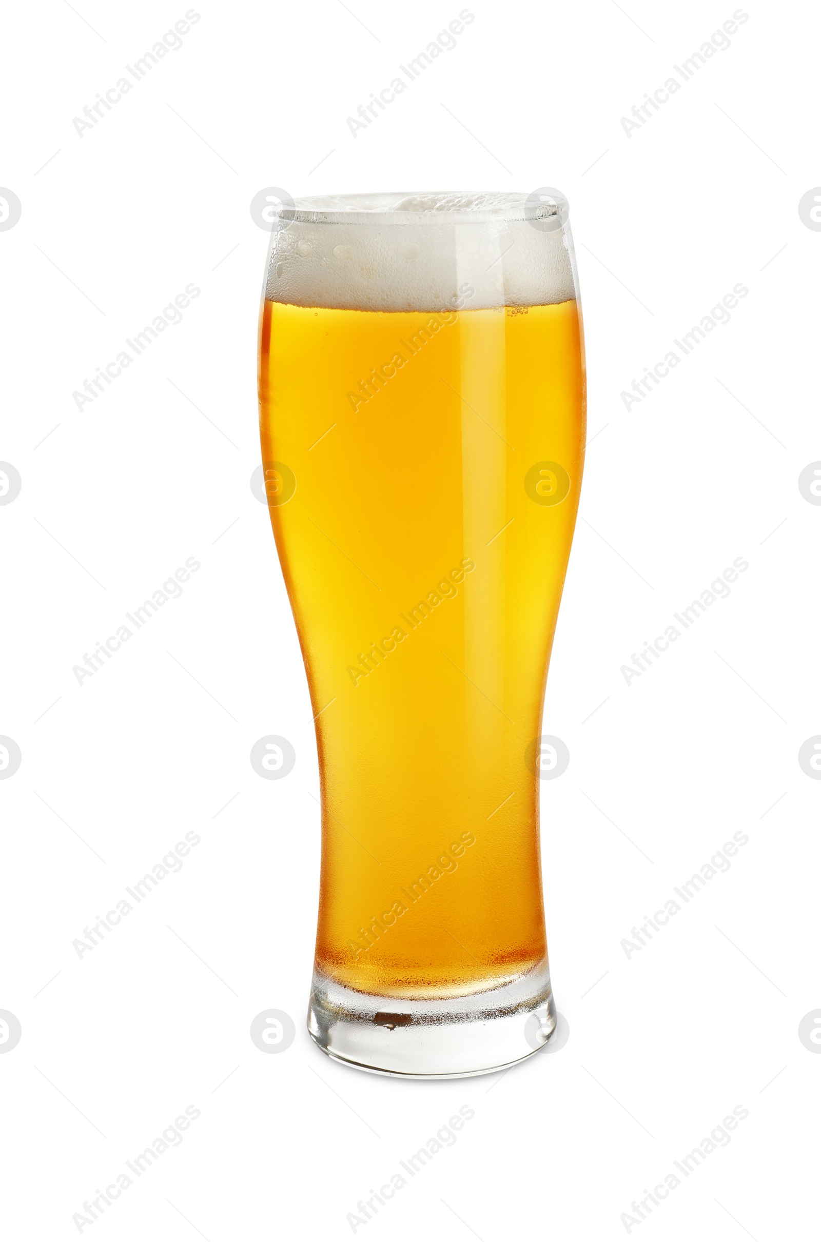 Photo of Glass of tasty light beer on white background