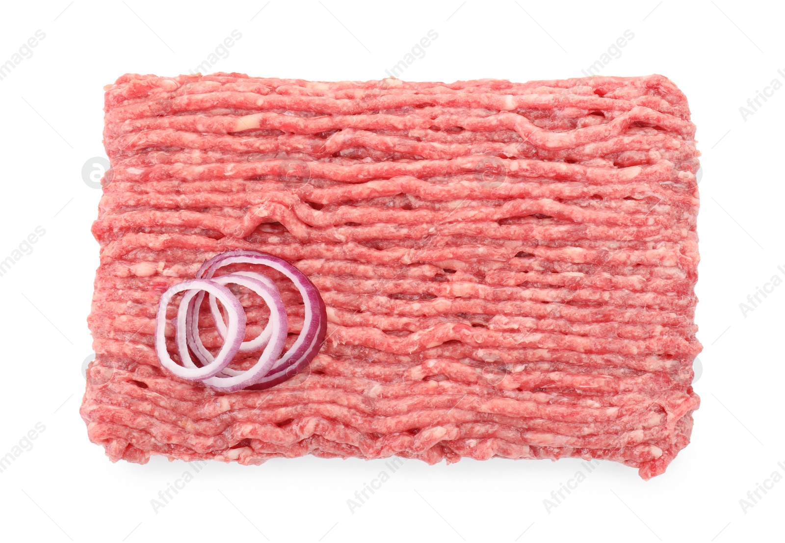 Photo of Raw ground meat and onion isolated on white, top view