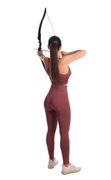 Photo of Woman with bow and arrow practicing archery on white background, back view