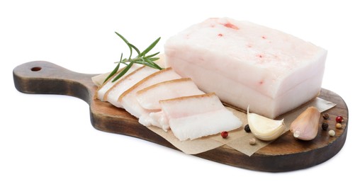 Photo of Pork fatback with rosemary, garlic and peppercorns isolated on white