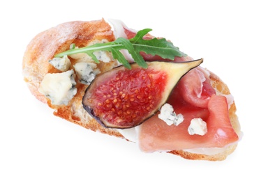 Photo of Sandwich with ripe figs and prosciutto on white background, top view