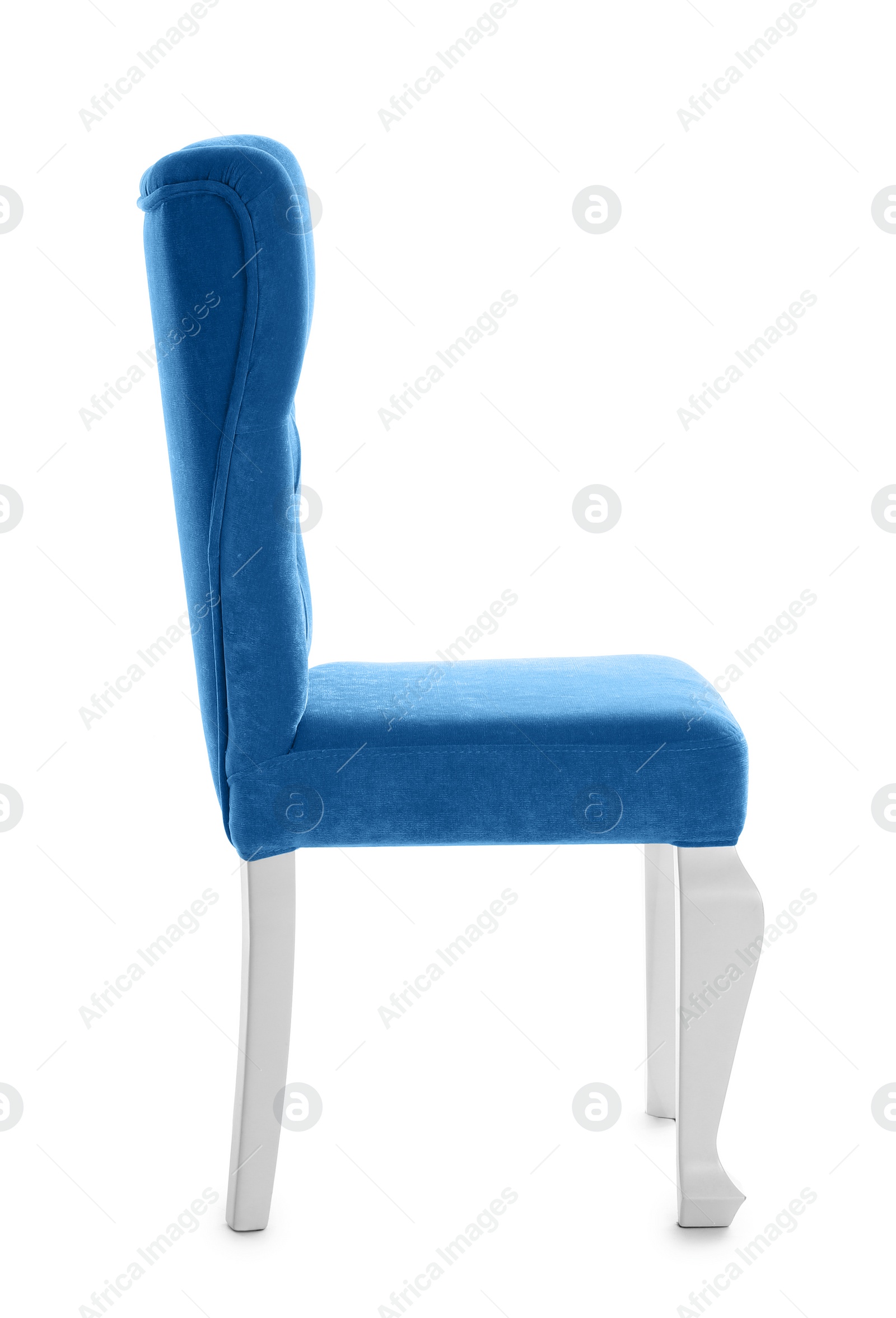 Photo of Stylish blue chair on white background. Element of interior design