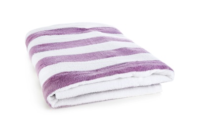 Photo of Striped towel isolated on white. Beach accessory