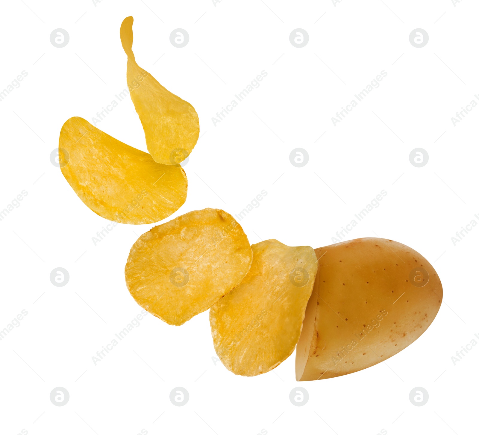 Image of Raw potato turning into tasty crispy chips on white background