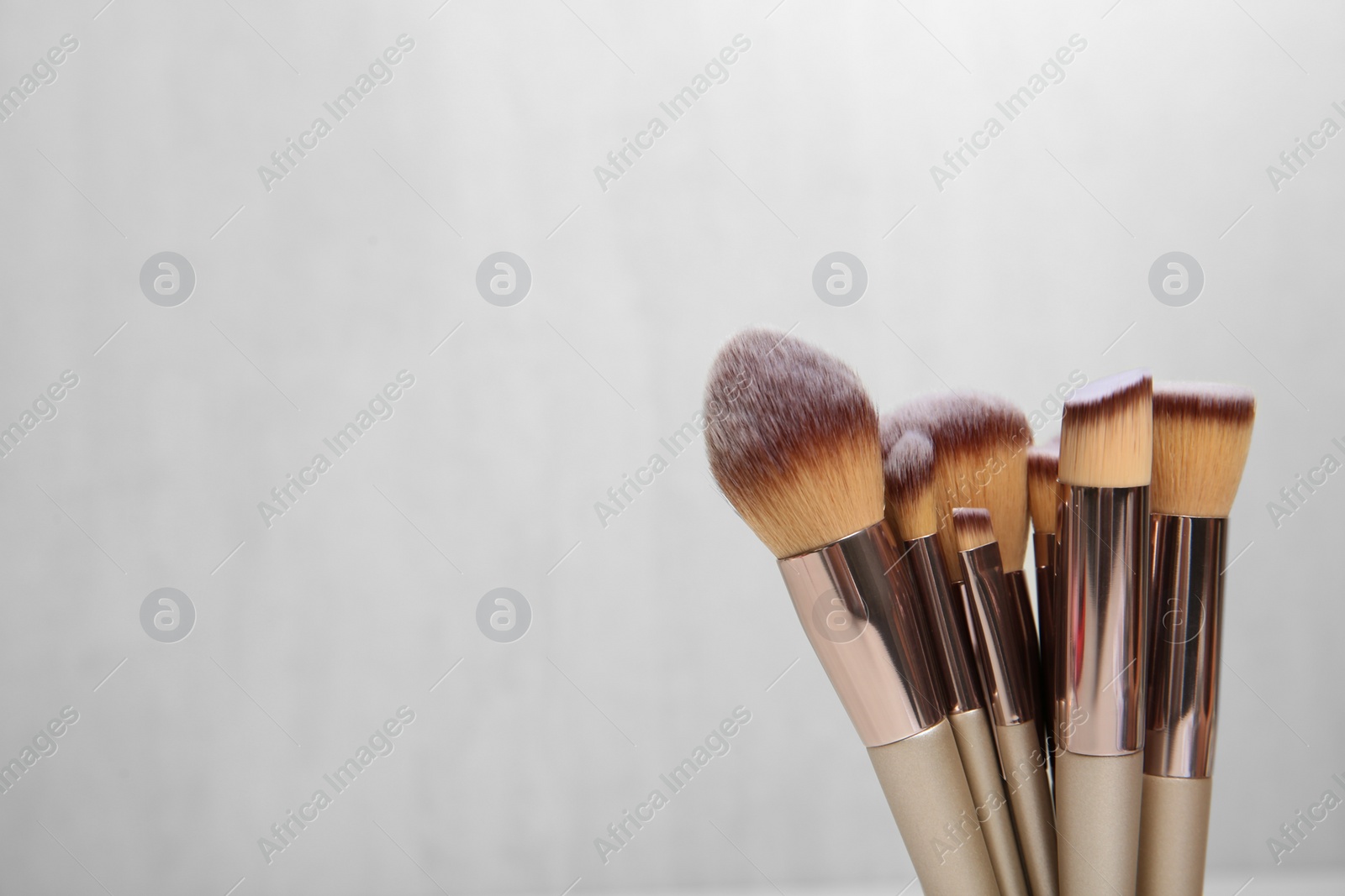 Photo of Set of professional makeup brushes against light background. Space for text