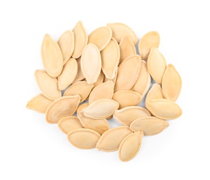 Photo of Pile of raw pumpkin seeds on white background, top view