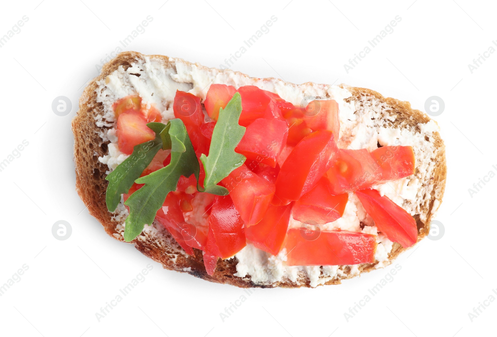 Photo of Delicious tomato bruschetta on white background, top view