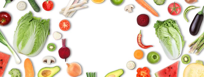 Image of Frame of many vegetables and fruits on white background, top view