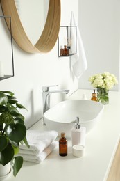 Photo of Houseplant, bath accessories, sink and roses in bathroom