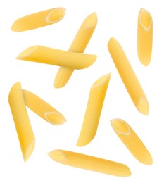 Image of Raw penne pasta flying on white background