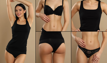 Image of Collage of young woman in black underwear on beige background