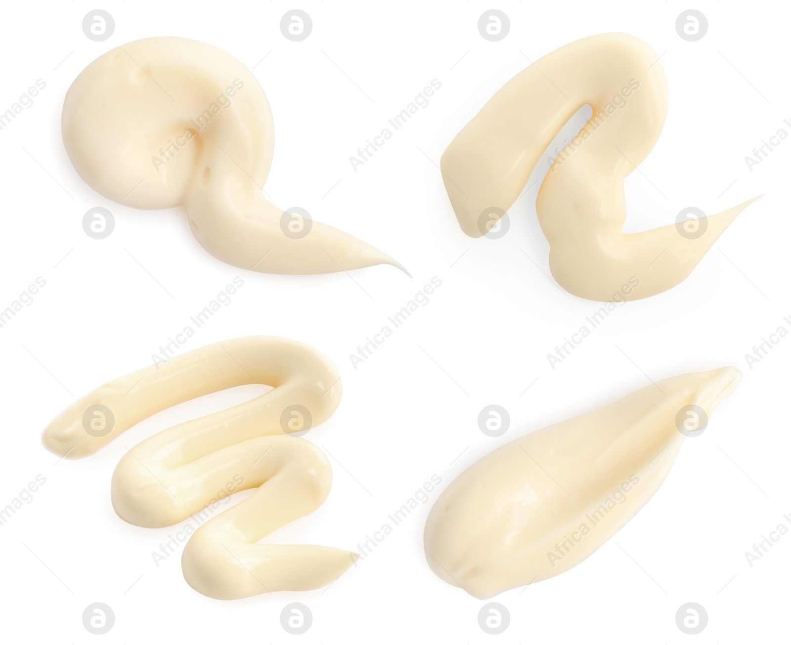 Image of Set with tasty mayonnaise on white background, top view