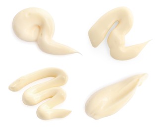 Image of Set with tasty mayonnaise on white background, top view