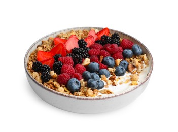 Photo of Bowl of healthy muesli with yogurt and berries isolated on white