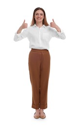 Photo of Full length portraitbeautiful businesswoman showing thumbs up on white background