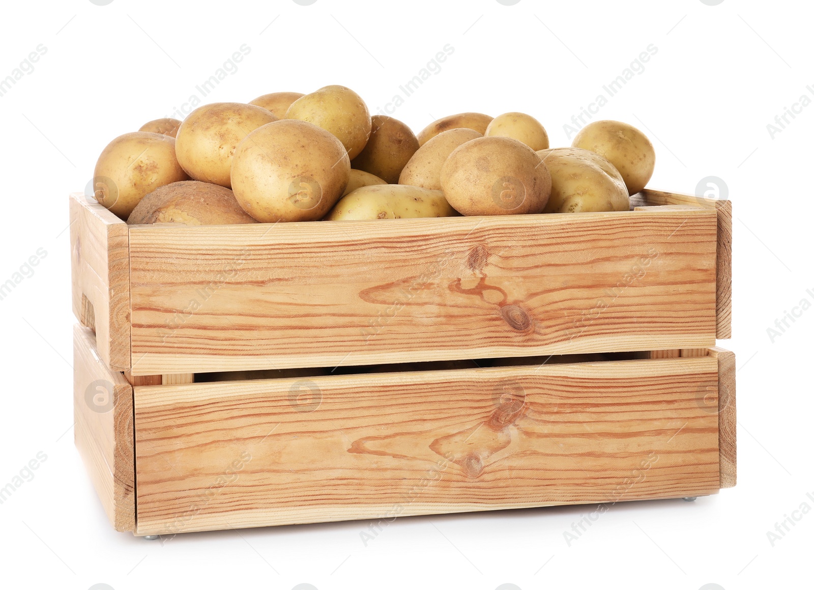 Photo of Wooden crate full of fresh raw potatoes on white background