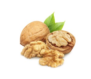 Tasty walnuts and green leaves on white background