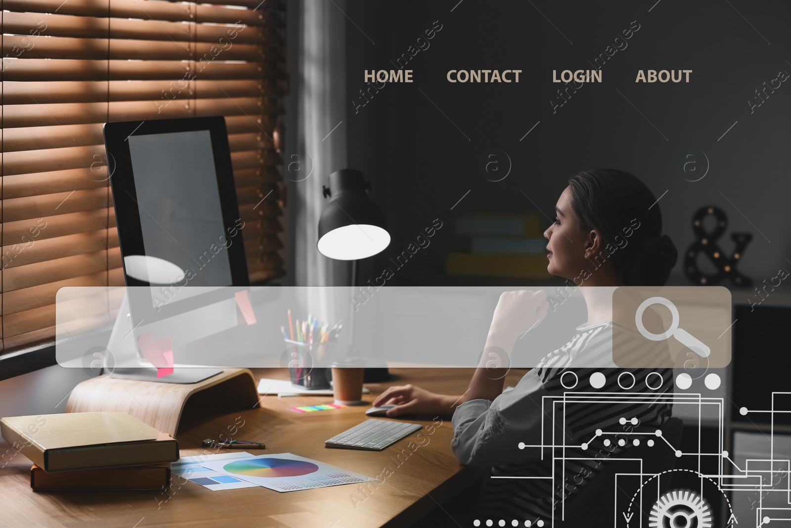 Image of Search bar of internet browser and female designer working at desk in office. Double exposure