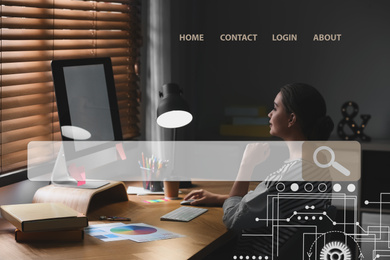 Image of Search bar of internet browser and female designer working at desk in office. Double exposure