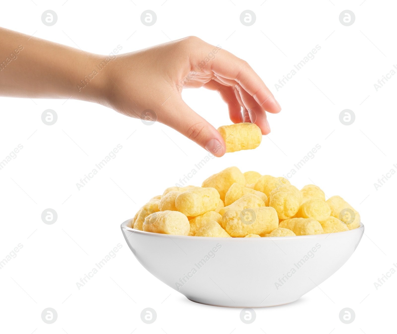 Photo of Woman taking corn puff from bowl on white background
