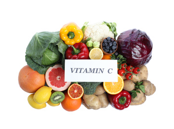 Photo of Paper note with phrase VITAMIN C and fresh products on white background, top view