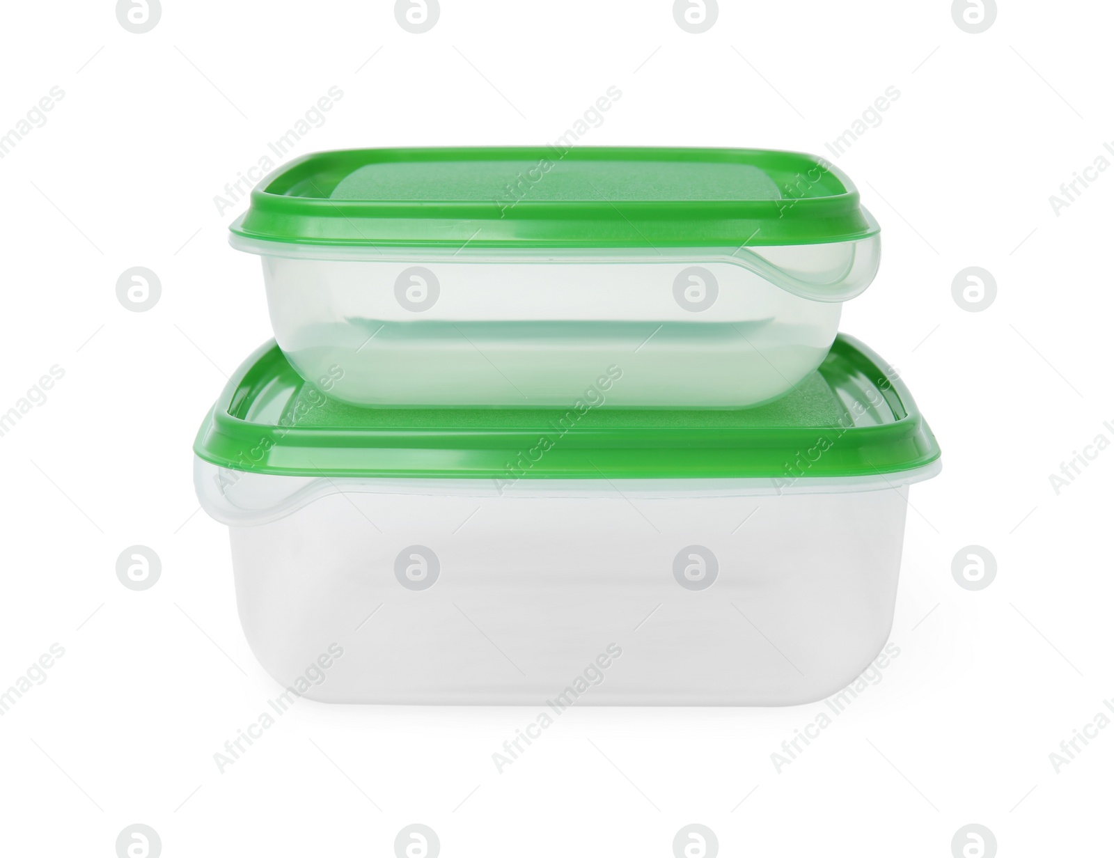 Photo of Empty plastic containers on white background. Food storage