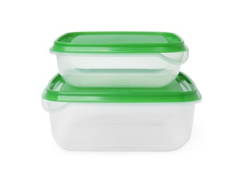 Photo of Empty plastic containers on white background. Food storage