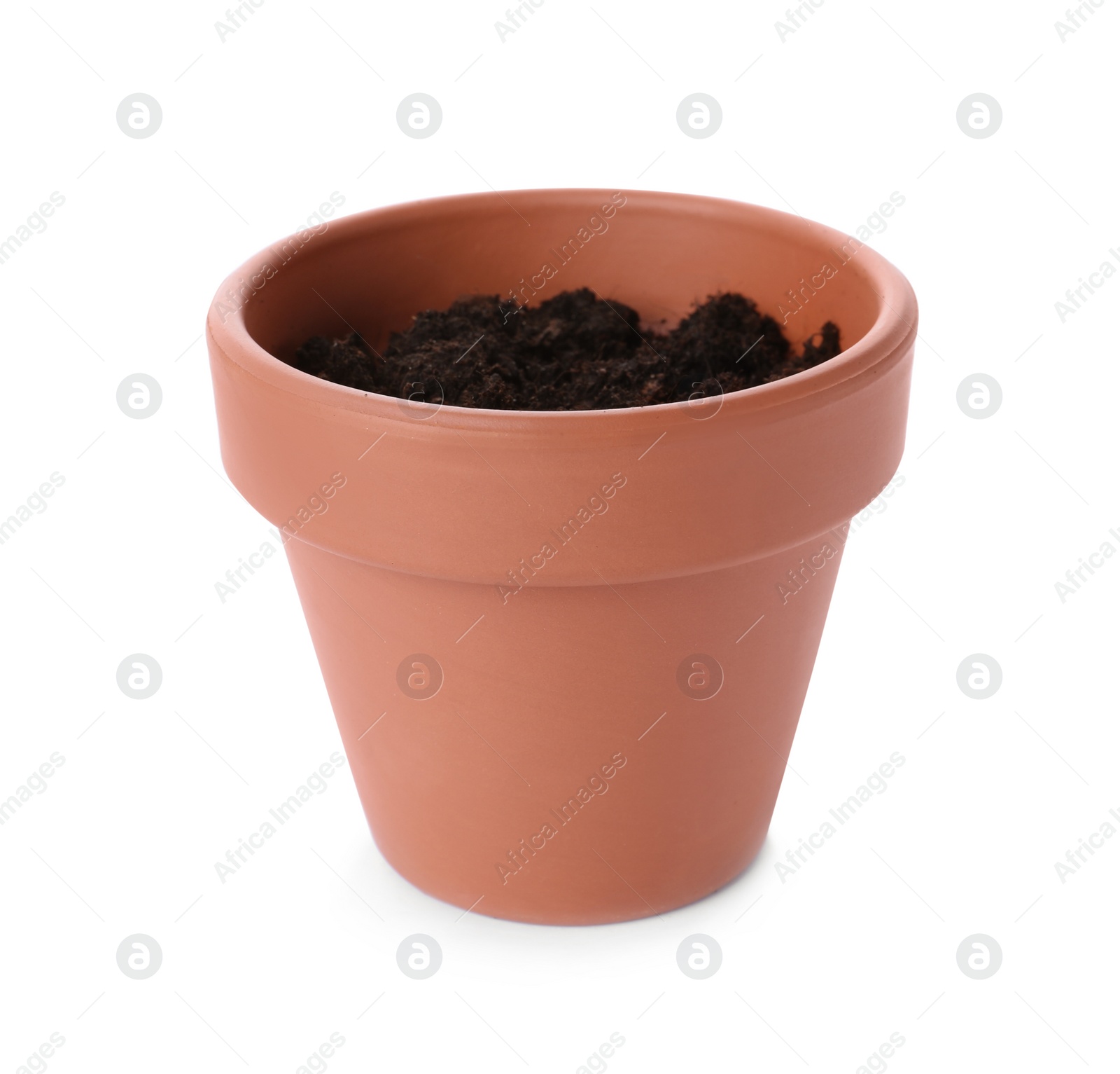 Photo of Stylish terracotta flower pot with soil isolated on white