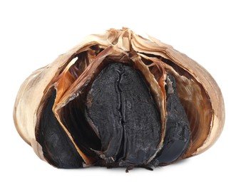 Photo of One bulb of fermented black garlic isolated on white