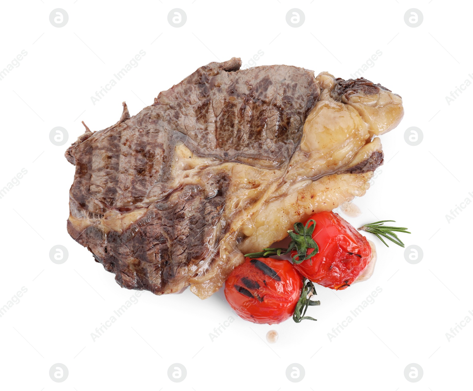 Photo of Piece of delicious grilled beef meat and tomatoes isolated on white, top view