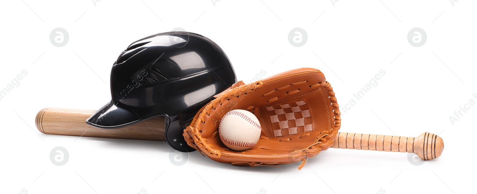 Photo of Baseball bat, ball, batting helmet and glove isolated on white