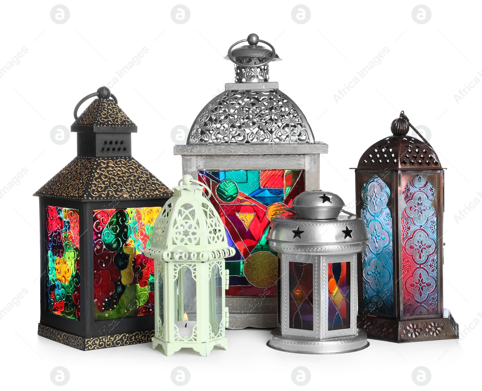 Photo of Different decorative Arabic lanterns on white background