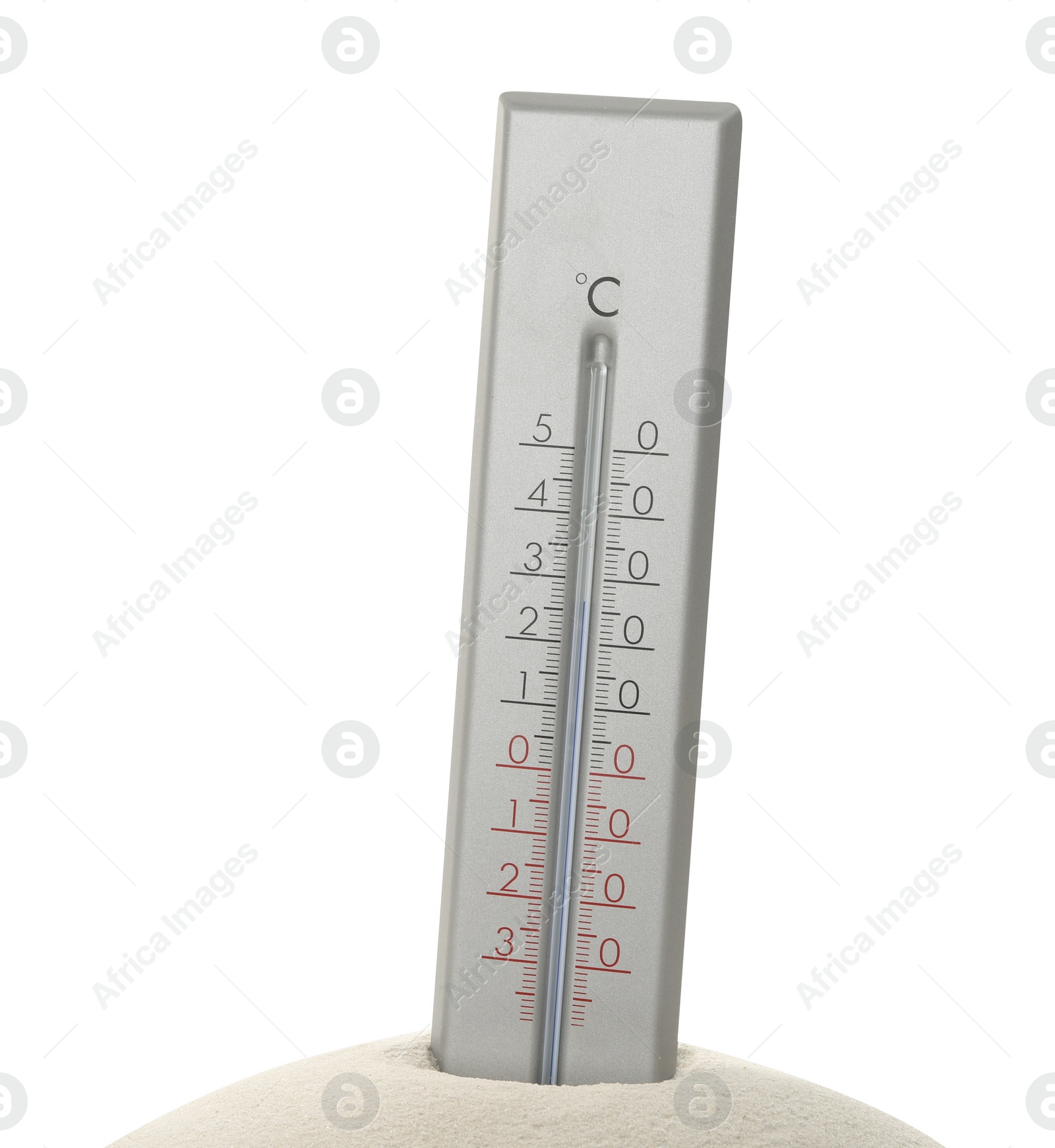 Photo of Weather thermometer in sand against white background