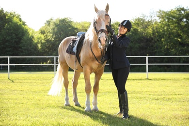 Young woman in horse riding suit and her beautiful pet outdoors on sunny day