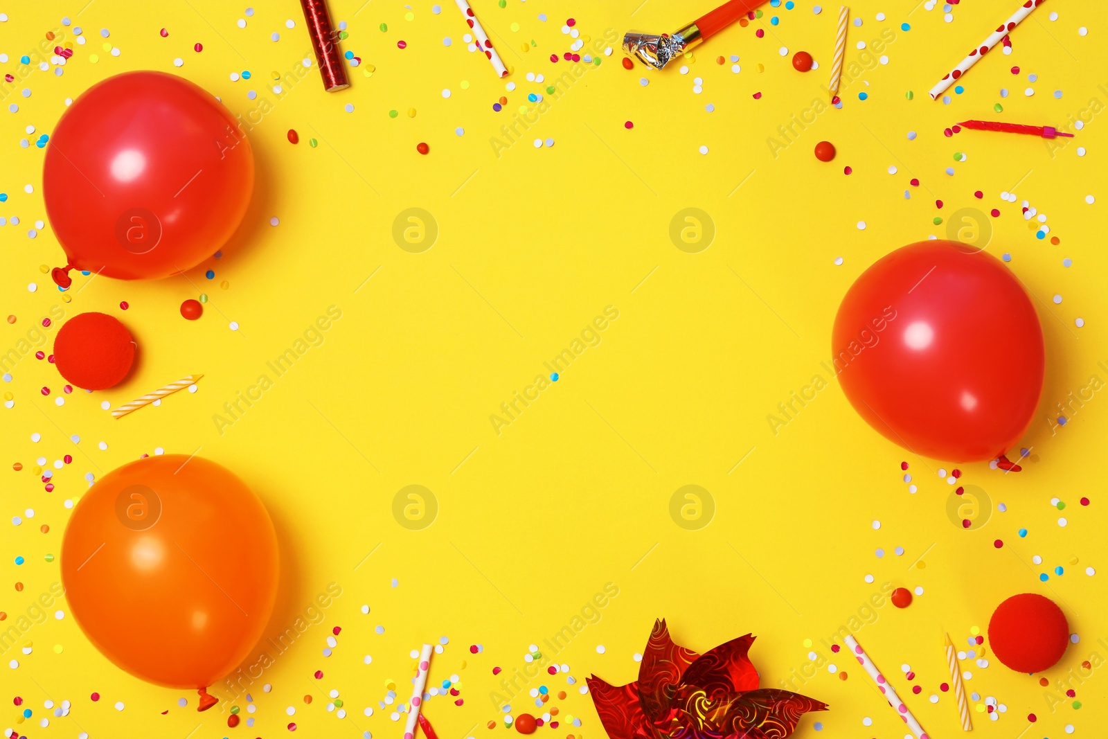 Photo of Flat lay composition with colorful balloons and space for text on color background