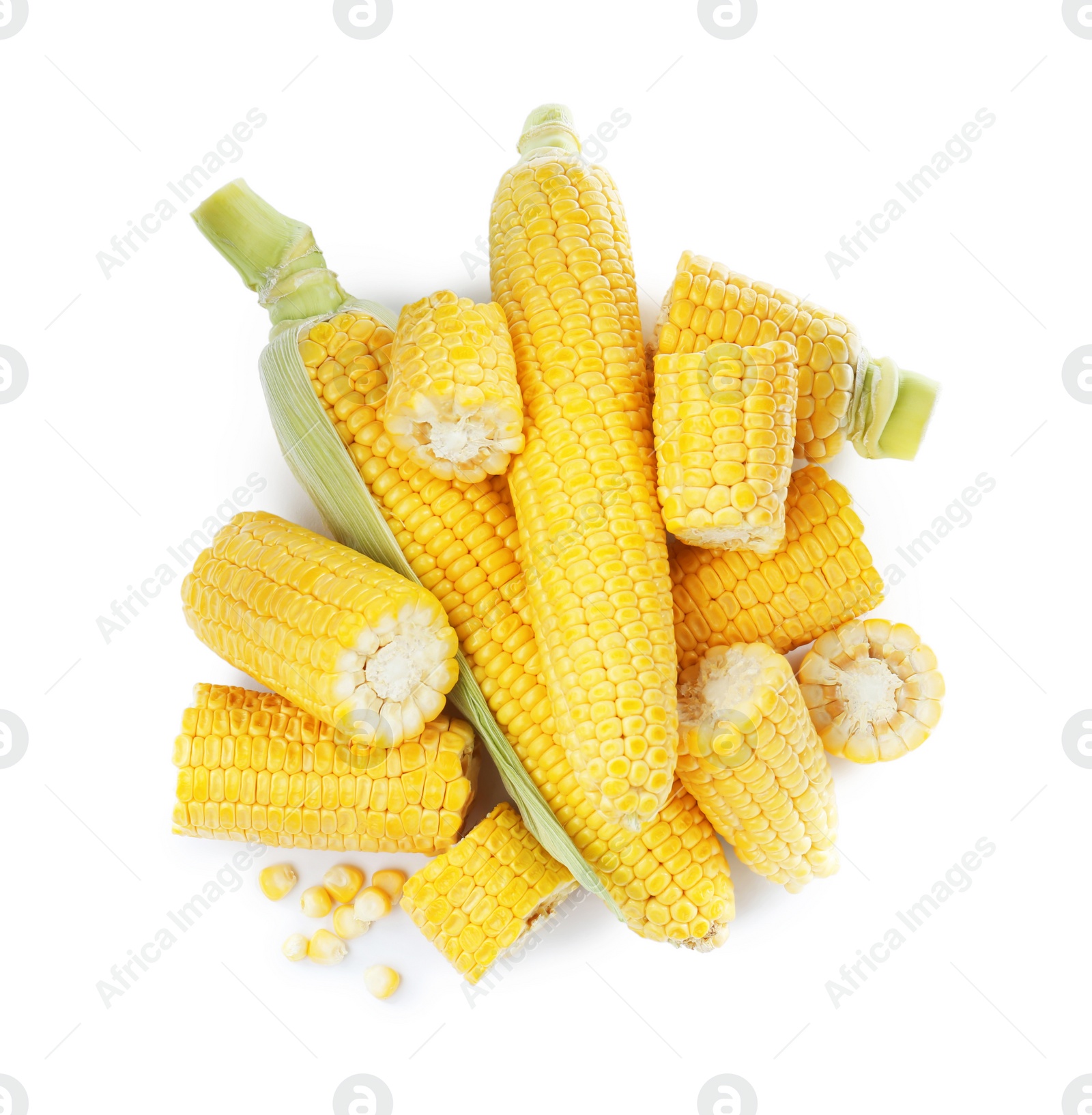 Photo of Fresh corncobs with husks on white background, top view