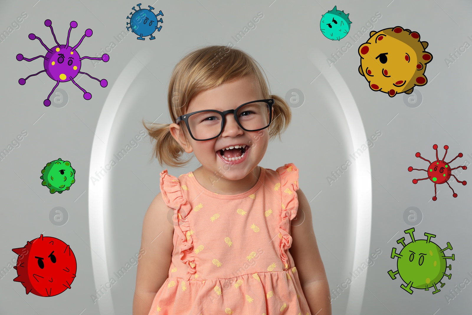 Illustration of Cute little girl surrounded by drawn viruses on grey background. Strong immunity concept