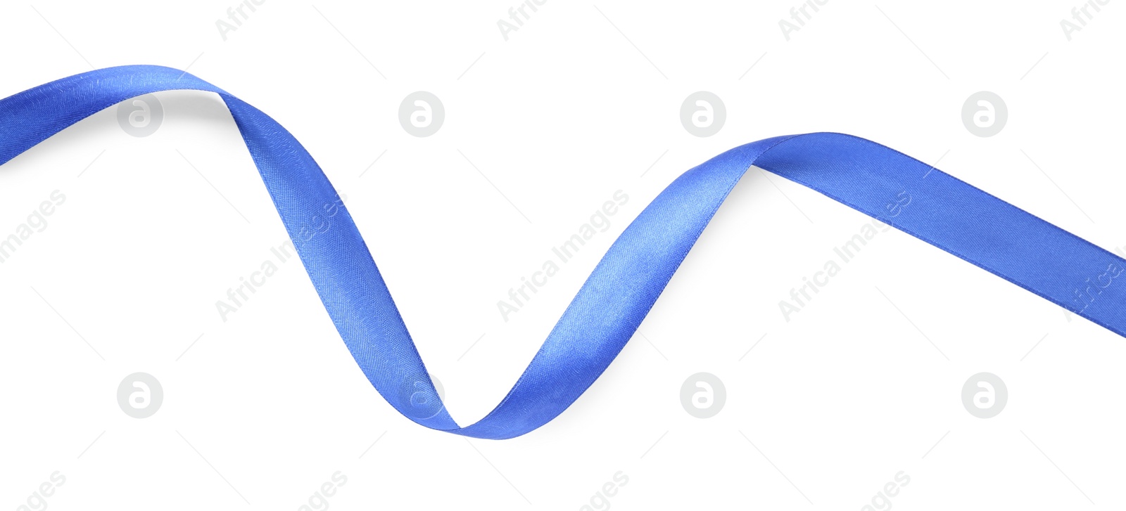 Photo of Beautiful blue ribbon isolated on white, top view