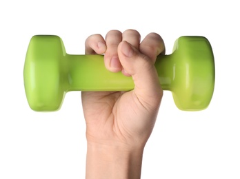 Photo of Woman holding vinyl dumbbell on white background, closeup