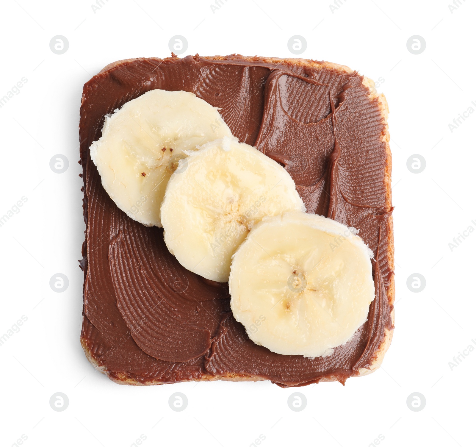 Photo of Toast with tasty nut butter and banana isolated on white, top view