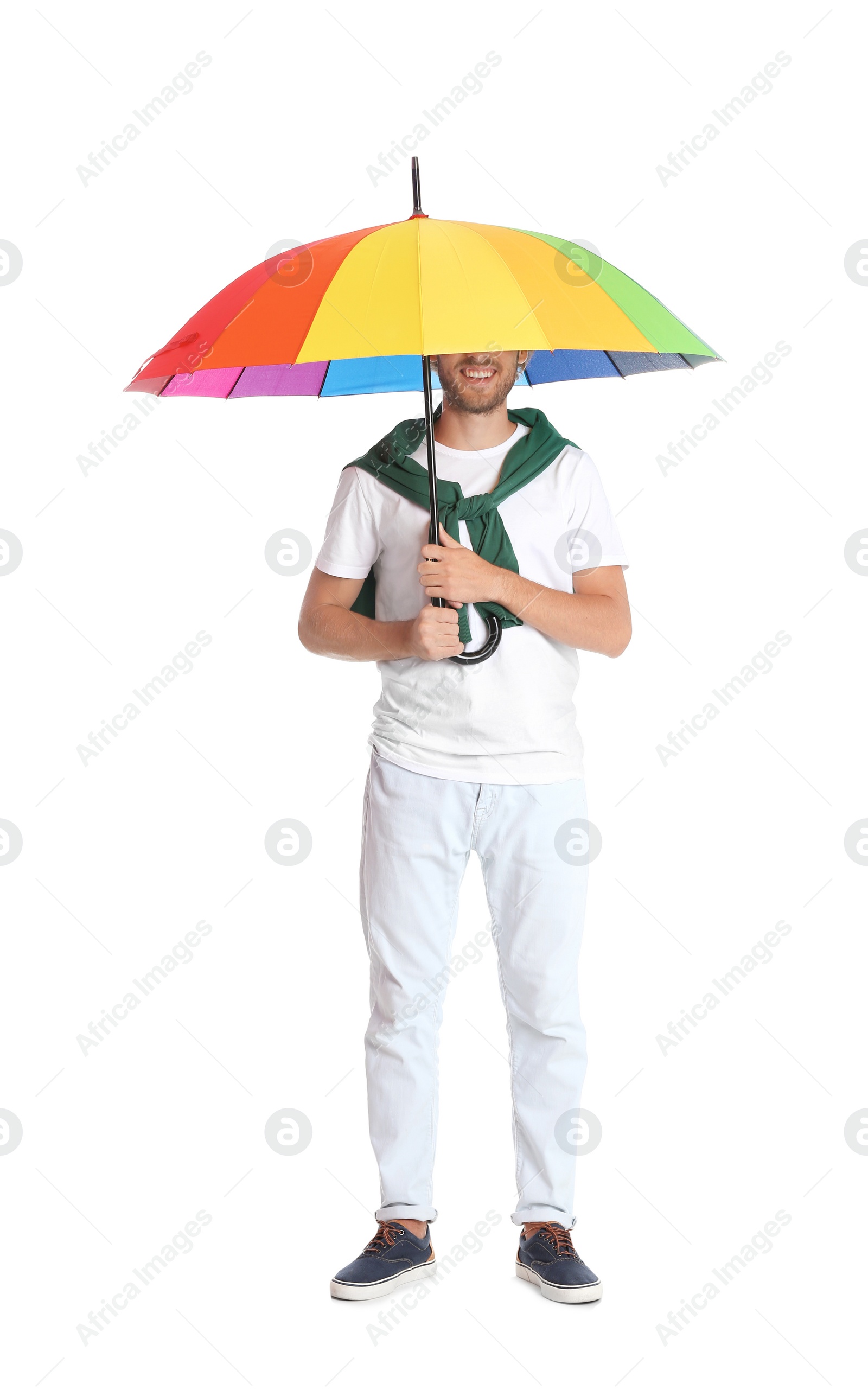 Photo of Man with rainbow umbrella on white background